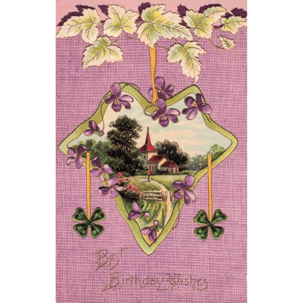 Birthday Postcard Davidson Bros Serie 7106 Violets Clovers Church 1909 Embossed